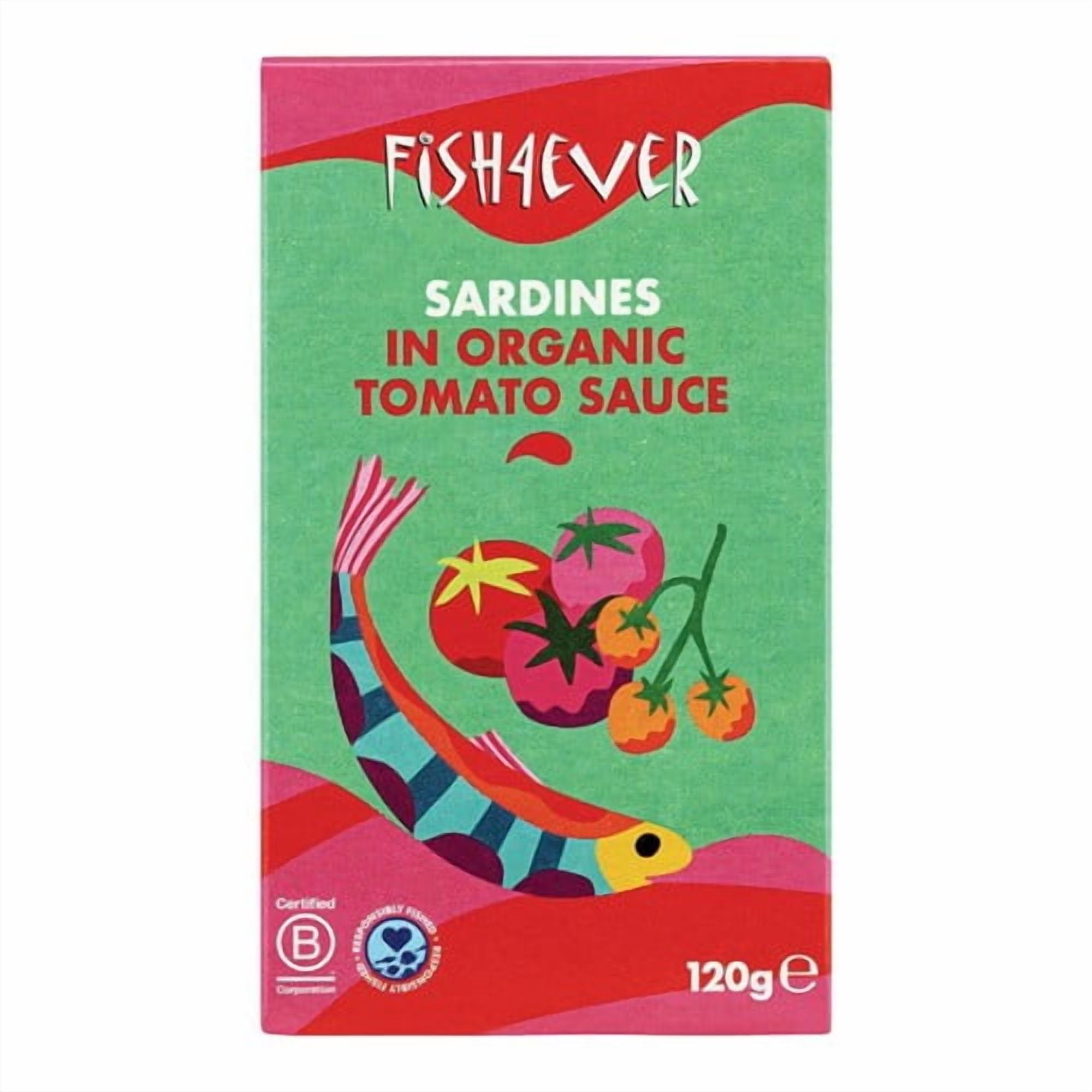 Fish 4 Ever Whole Sardines in Organic Tomato Sauce 120g, British Import (Pack of 3)