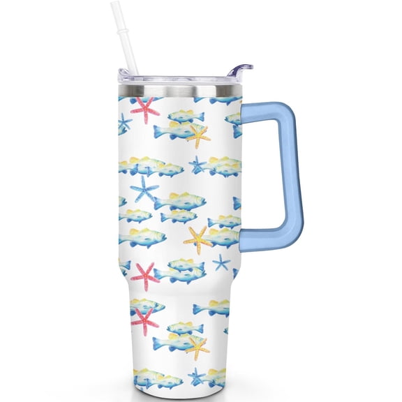 Fish 40 oz Tumbler with Handle Straw Fish Theme 40oz Tumbler SpillProof Lid Double Insulated Travel Coffee Cup Gifts for Men Women Travel Must Haves