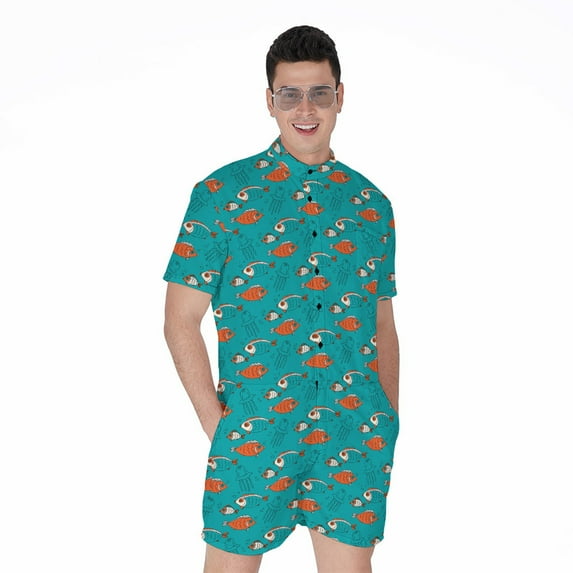 Fish And Jellyfish Pattern Short Sleeve Men'S Rompers Casual Summer Jumpsuits Outfit