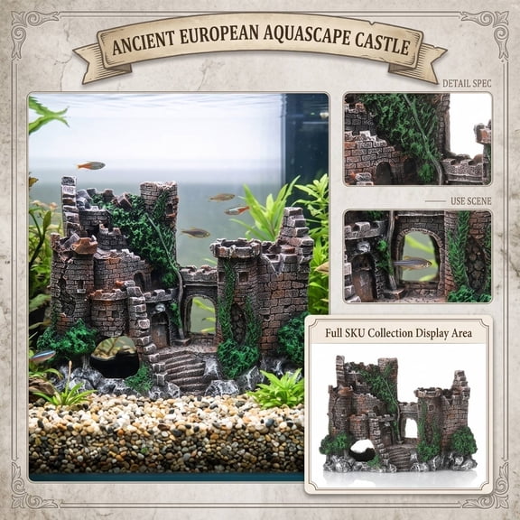Fish Aquarium Accessories, Large Aquarium Decor, Fish Tank Castle, Fish Tank Accessories Decorations, 8X6 in Moss Accented Ruined Castle Decor for Freshwater Community Fish Tanks