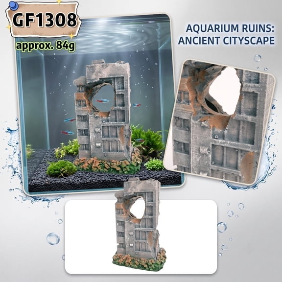 Fish Aquarium Decor, Small Fish Tank Decorations, Fish Hideout for Aquarium, Aquarium Building, Decorative Resin Damaged Building Residential Ruin, 3.5X2.5X4 Inch War Themed Tank