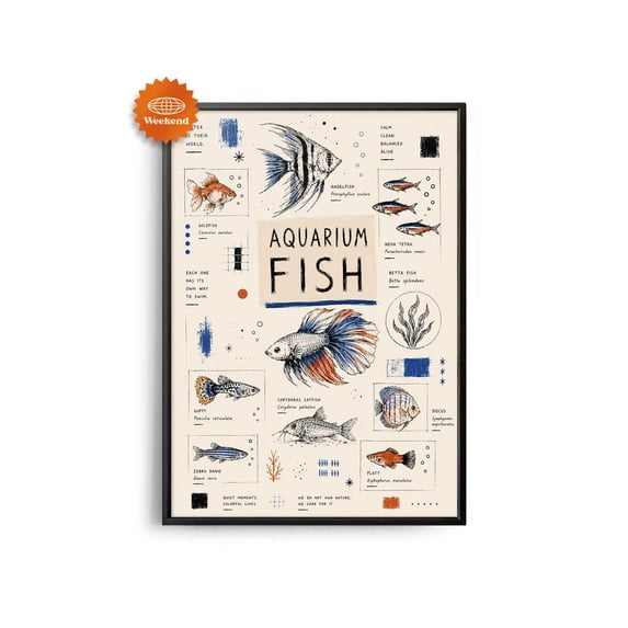 Fish Aquarium Hand Drawn Living Art Interior Design Retro Mid Century ...