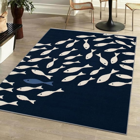 Fish Area Rug, 2x3 Coastal Nautical Beach Themed Machine Washable Rugs, Ocean Entryway Floor Decor Doormat for Patio, Kitchen, Living Room, Bedroom, Jute Backing Blue & White