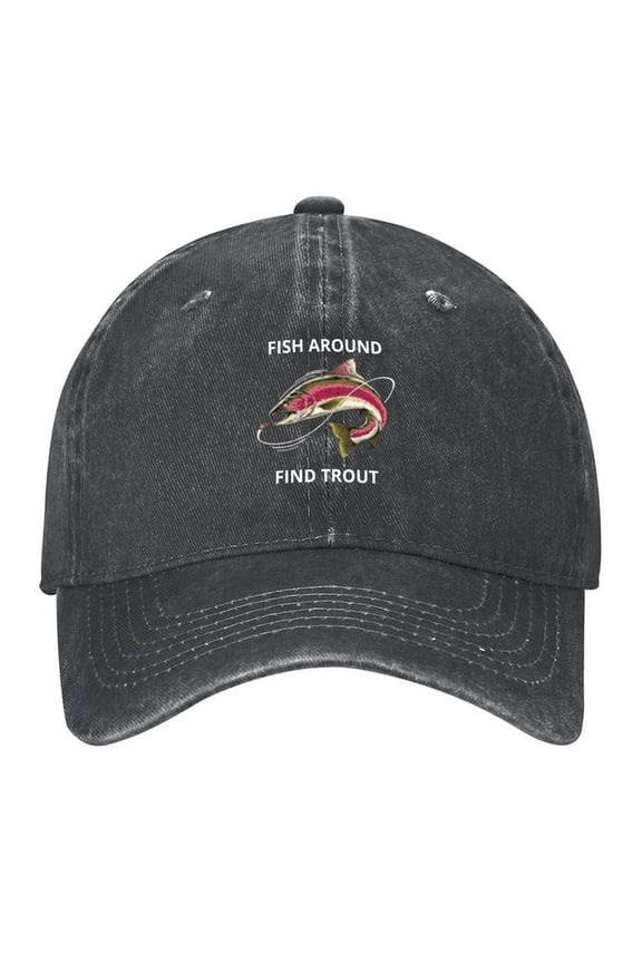 Fish Around Find Trout Print Vintage Wash Dad Hat Adjustable Curved Brim Baseball Cap,Casual Outdoor Sports Fishing Cap for Men and Women