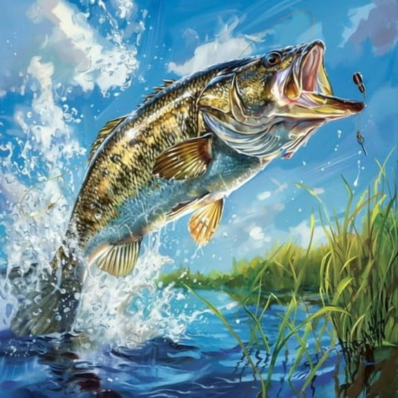 Fish Bass Bite Fishhook Jump 5D Diamond Art Painting by Number Kits for Adults DIY Paint with Full Drill Round Diamond Gems Painting Art Craft for Home Wall Decor 13.8x13.8inch