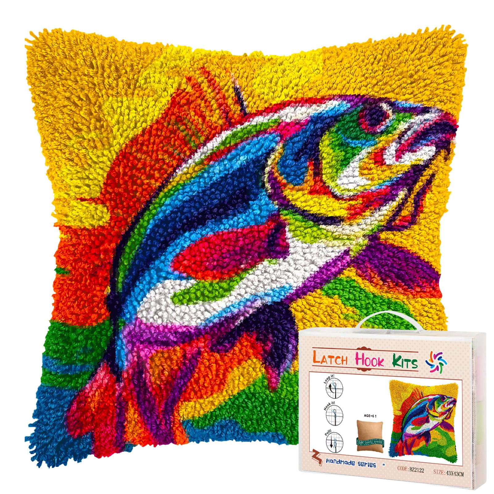 Fish Bass Jump DIY Latch Hook Pillow Kits for Adults Printed Pillowcase Crochet Yarns Hooking Handmade Pillow Cover Cushion for Home Sofa Decoration 17x17inch