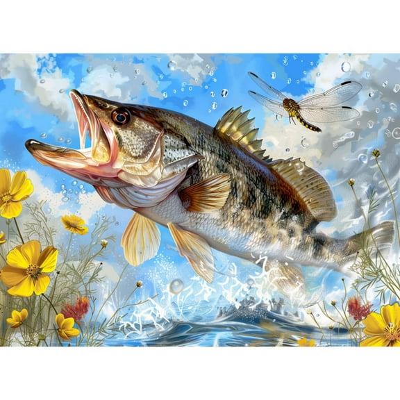 Fish Bass Jumping Out Fish Hook 5D Diamond Art Painting by Number Kits for Adults DIY Paint with Round Full Drill Diamond Gems Painting Art Craft for Home Wall Decor 15.8x19.8in
