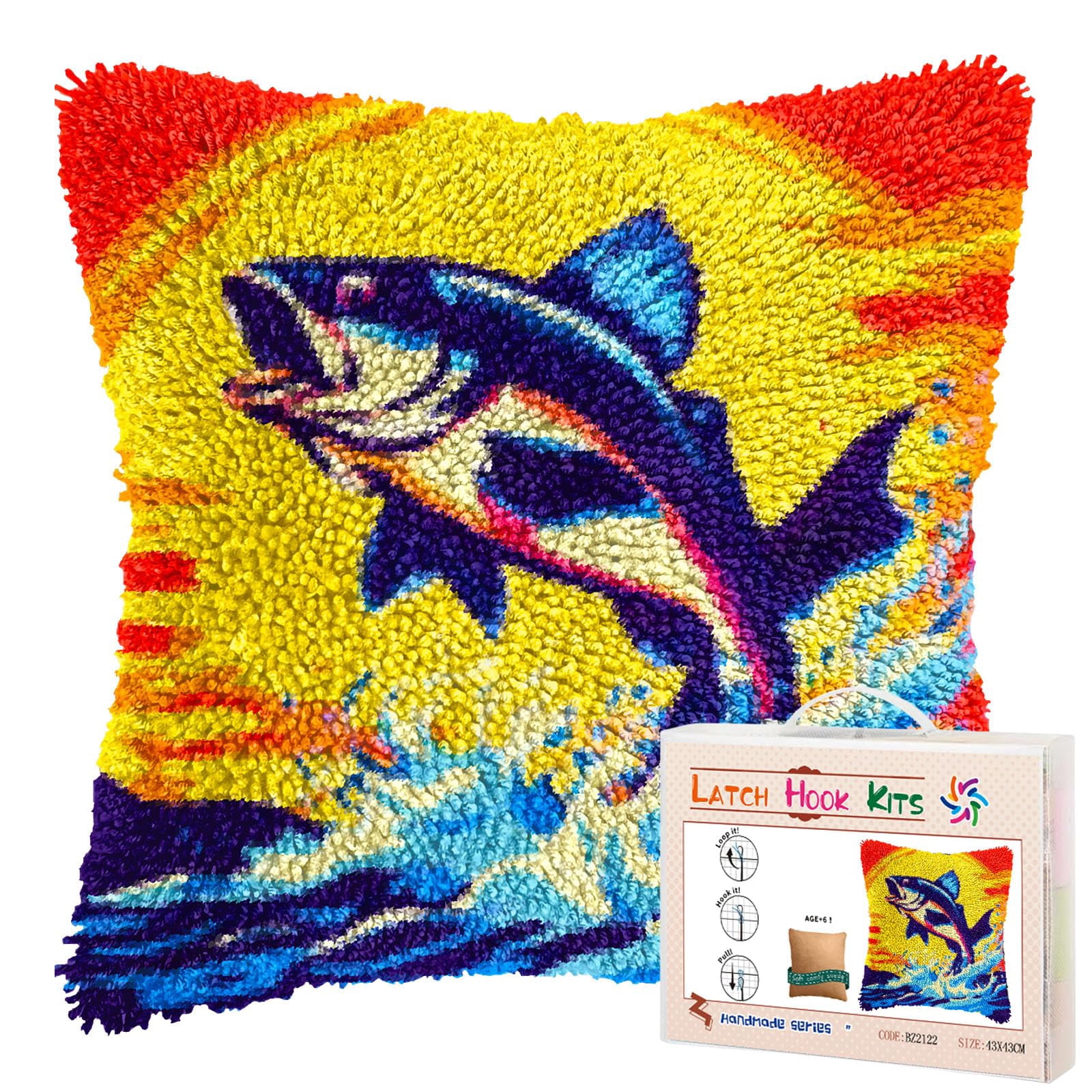 Fish Bass Out from Water DIY Latch Hook Pillow Kits for Adults Printed Pillowcase Crochet Yarns Hooking Handmade Pillow Cover Cushion for Home Sofa Decoration 17x17inch(2)