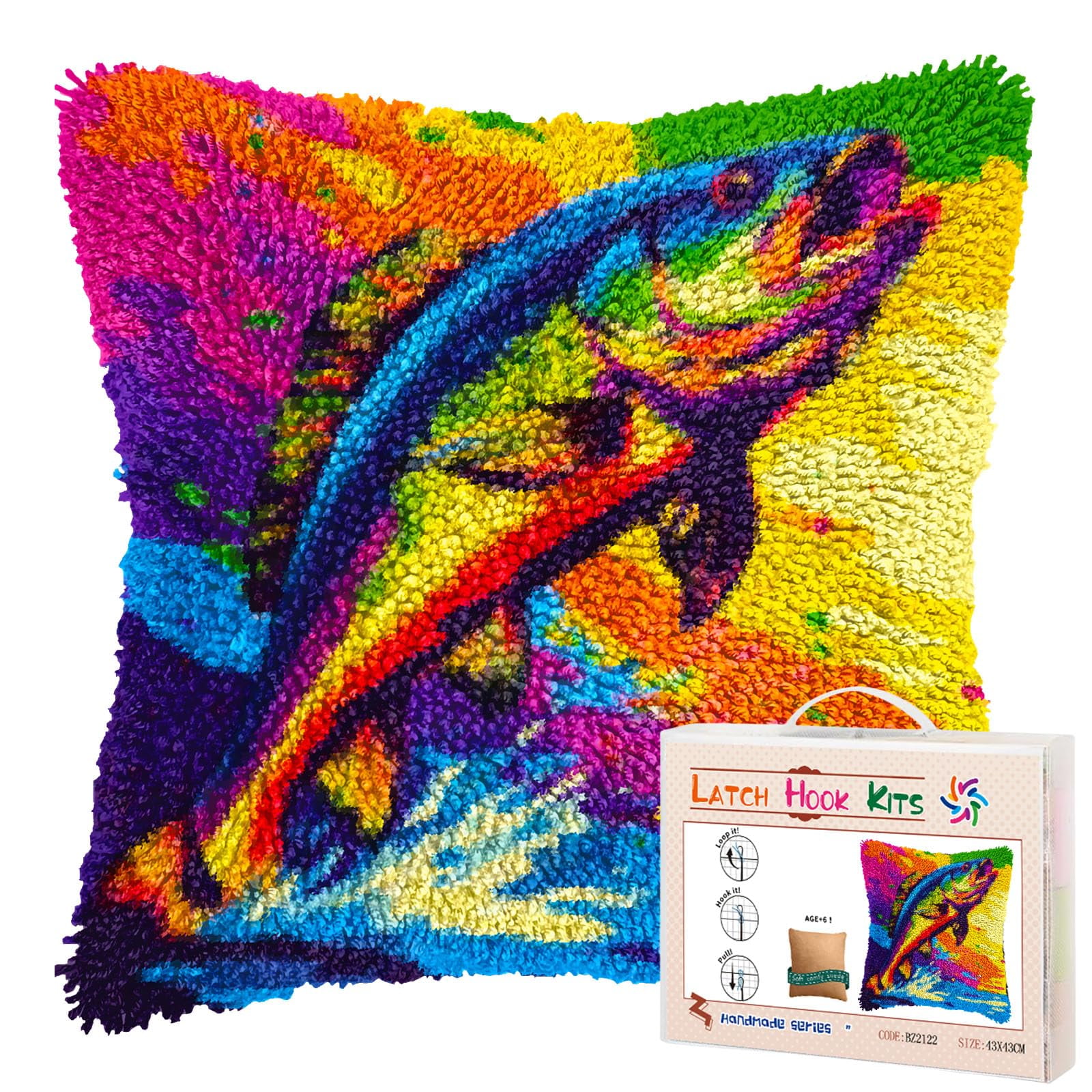 Fish Bass Out from Water DIY Latch Hook Pillow Kits for Adults Printed Pillowcase Crochet Yarns Hooking Handmade Pillow Cover Cushion for Home Sofa Decoration 17x17inch(1)