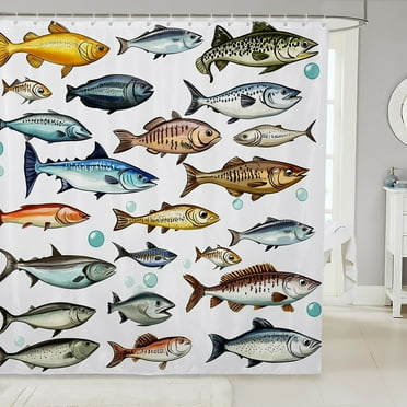 Fish Bath Curtain Fishing And Hunting Themed Shower Curtain Ocean Themed Bathroom Decor Sea Animal Print Waterproof Curtain Geometry Striped Curtain,72" W x 72" L