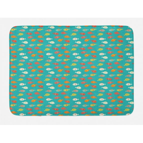Fish Bath Mat, Rainbow Colored Composition with Doodle Style Cartoon Animals on Turquoise Backdrop, Plush Bathroom Decor Mat with Non Slip Backing, 29.5" X 17.5", Multicolor, by Ambesonne
