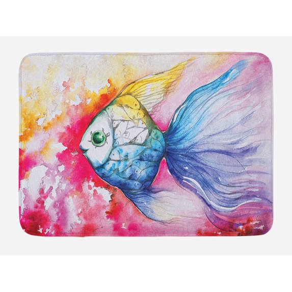 Fish Bath Mat, Watercolor Fauna Paint Grunge Vivid Brushstrokes and Splashes Nautical Concept, Plush Bathroom Decor Mat with Non Slip Backing, 29.5" X 17.5", Blue Fuchsia