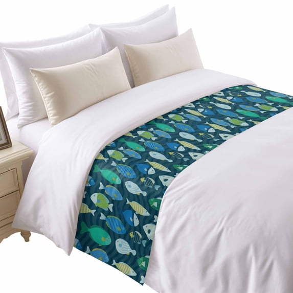 Fish Bed Runner for Twin Size Bed, Cartoon Colored Little Fish Blue Waves Soft Bedding Scarf Bedding Protector Slipcover Sofa Throw for Bedroom Hotel Guesthouse