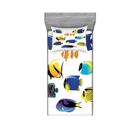 Fish Bedding Set with Sheet & Covers, Various Types of Sea Creatures with Atlantic Cod Bonito Palette Surgeonfish Image, Printed Bedroom Decor 2 Shams, 4 Sizes, Multicolor, by Ambesonne