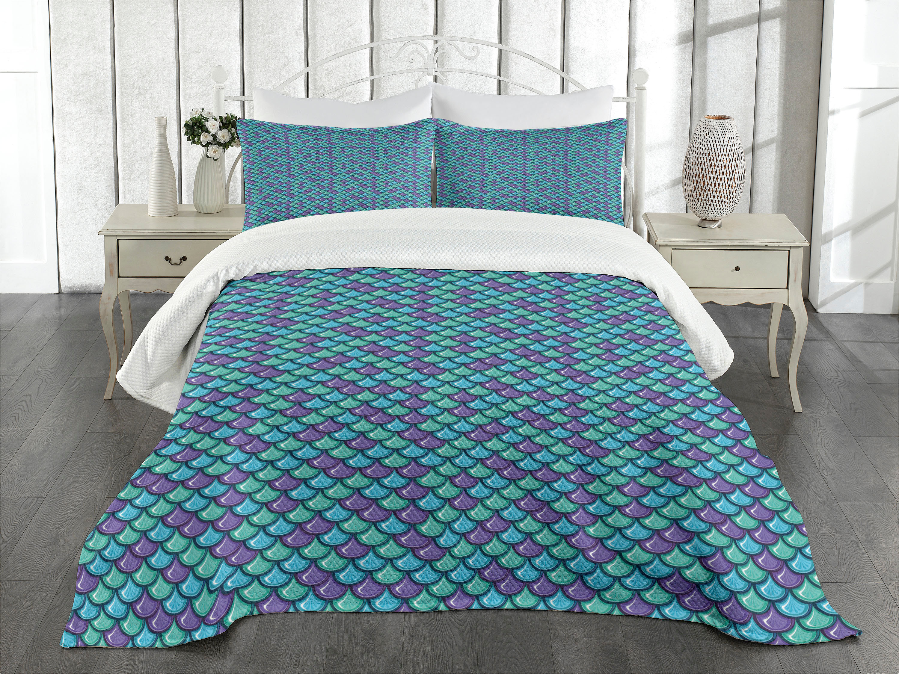 Fish Bedspread Set Queen Size, Marine Animal Skin Dragon Scale Pattern