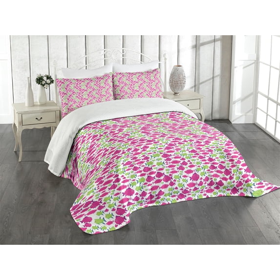 Ambesonne Fish Quilted Bedspread Set 3 Pcs, Tropical Ocean Diving, Queen Size, Apple Green Magenta