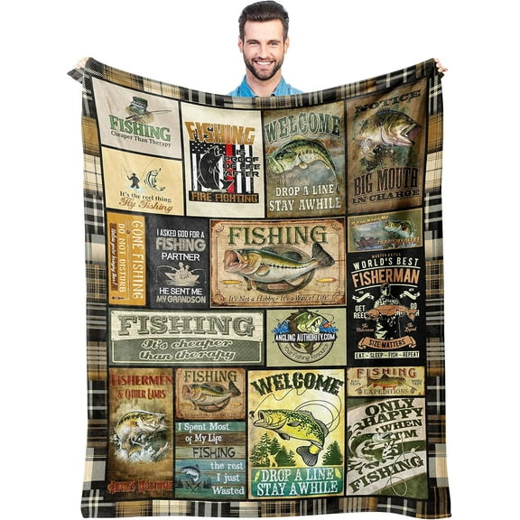 Fish Blanket Bass Fishing Throw Blankets Fish Hunter Gifts for Men Boy Dad Lightweight Cozy Throw for Fishing Picnic Sofa 60X50Inch
