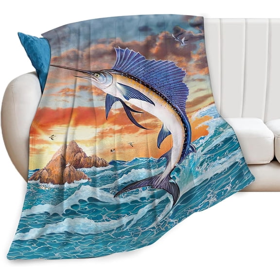 Fish Blanket Blue Marlin Fish Gifts for Kids Boys Men Blue Marlin Throw Blanket Comfort Warm Cozy Fleece Blanket for Couch Sofa Bed 60"x80"