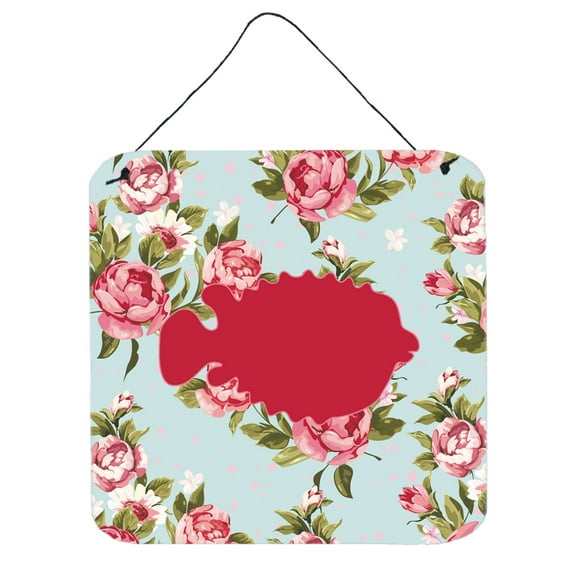 Fish - Blowfish Shabby Chic Blue Roses Wall or Door Hanging Prints Blue