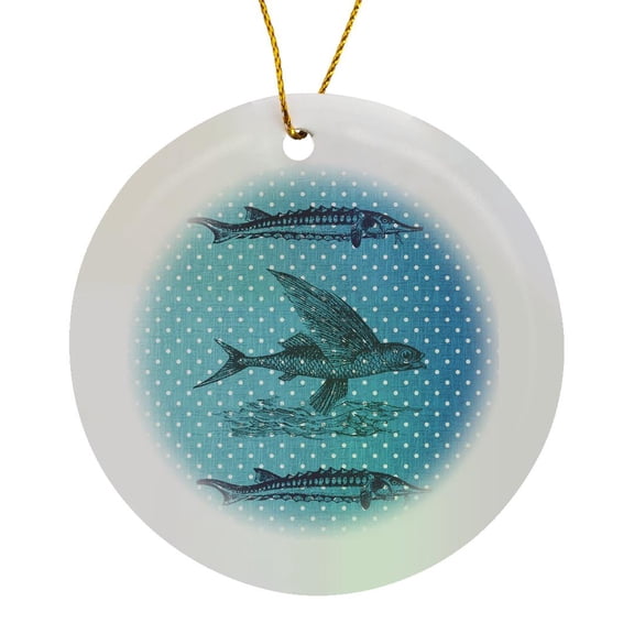 3drose, Fish Blue and White Polka Dots Beach Theme Art, Circle Porcelain Ornament