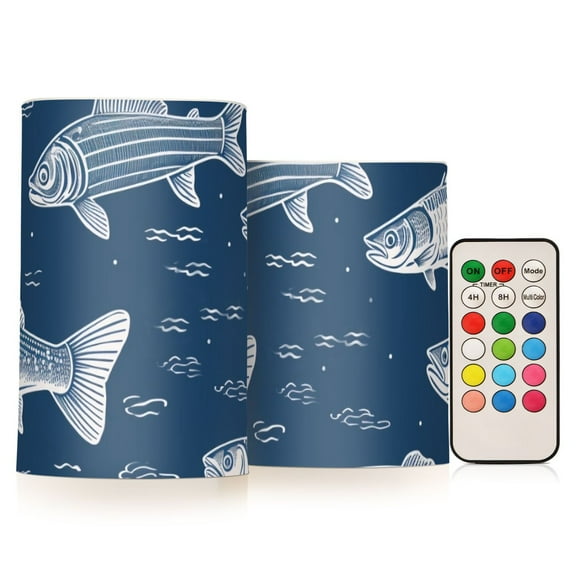 Fish Blue Flameless CandlesLED Lights Battery Operated Candles with Remote and Timers Flicker Lights Votive Set of 2