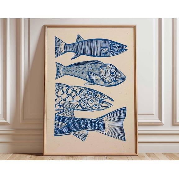 Fish Blue Linocut Style Nautical Coastal Wall Art Print, Unframed Paper Poster 8x10in