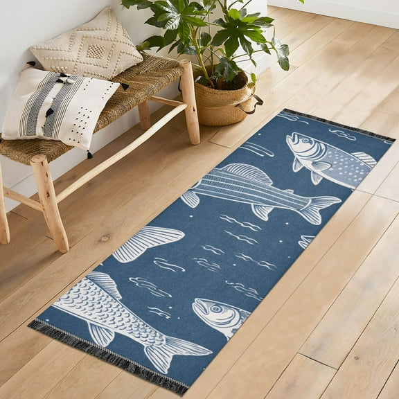 Fish Blue Runner Rug Machine Washable Area Rugs Carpet Non Slip Entryway Mat for Bedroom Entryway Front Door