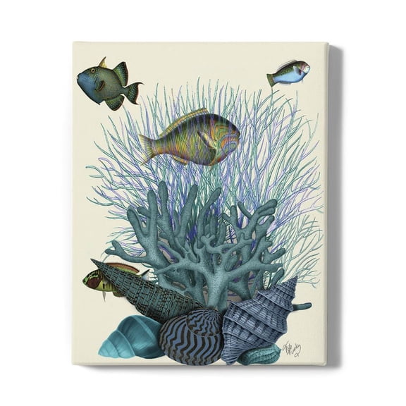 Fish Blue Shells And Corals Wrapped Canvas -Fab Funky Designs,