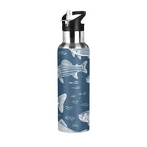 Fish Blue Sports Water Bottle with Straw Lid Insulated Stainless Steel Leak Proof BPA Free Thermal Mug with Handle for Gym Yoga Cycling Camping