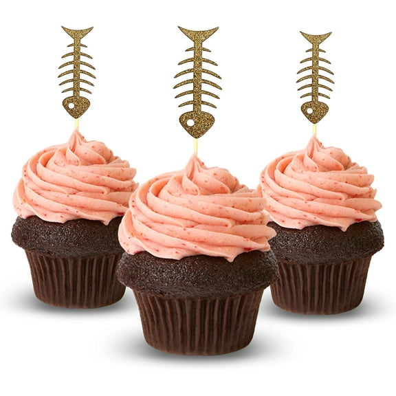 Fish Bone Cupcake Topper 12 pieces per Pack Cupcake Topper Decoration Card Stock Gold