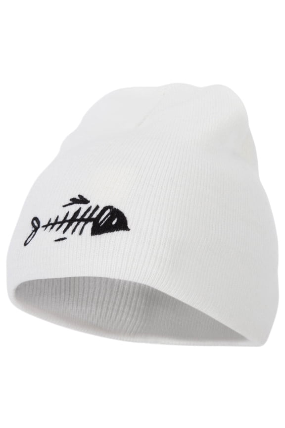 Fish Bone Design Embroidered 8 Inch Knitted Short Beanie - White OSFM