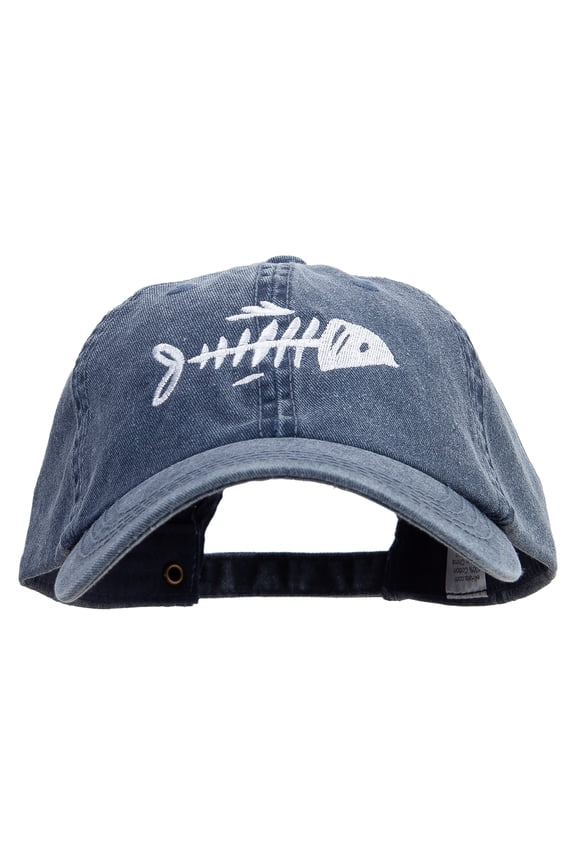 Fish Bone Embroidered Big Size Washed Pigment Dyed Cap - Navy XL-3XL