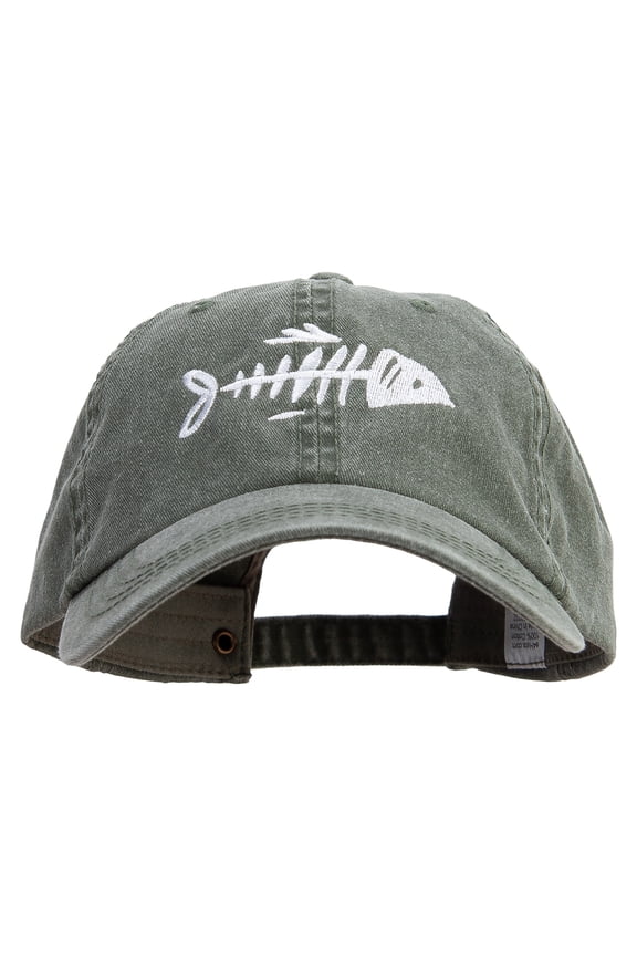 Fish Bone Embroidered Big Size Washed Pigment Dyed Cap - Olive XL-3XL