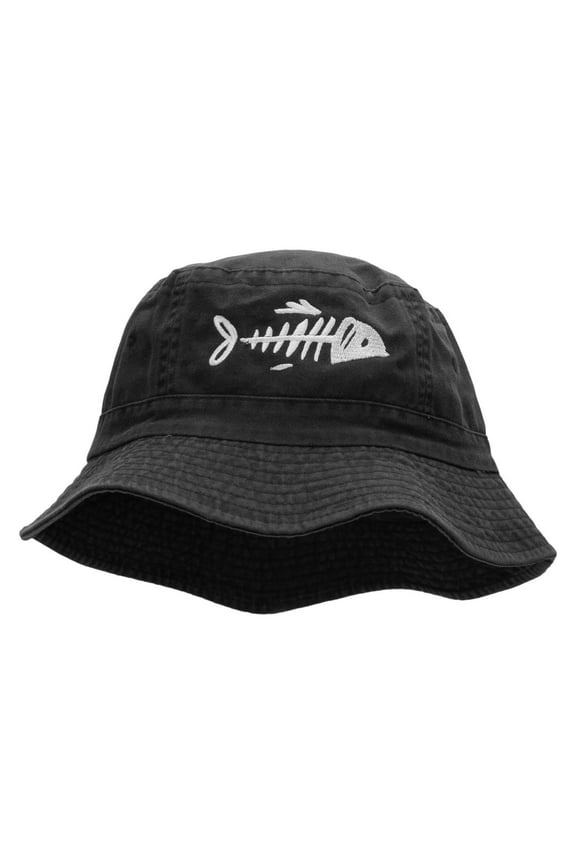 Fish Bone Embroidered Bucket Hat - Black OSFM