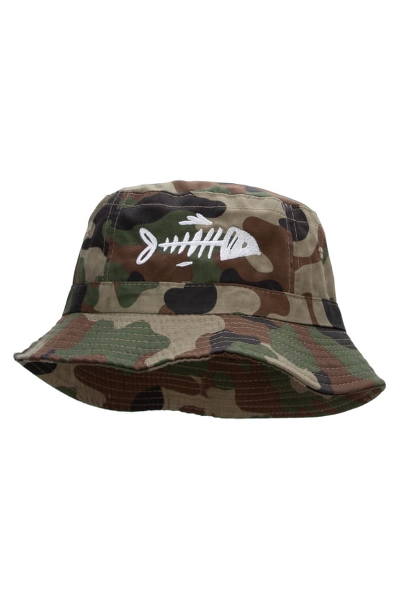 Fish Bone Embroidered Bucket Hat - Green Camo OSFM