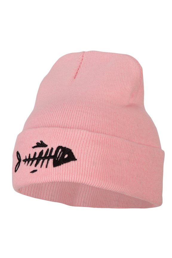 Fish Bone Embroidered Knitted Long Beanie - Pink OSFM