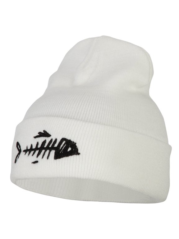 Fish Bone Embroidered Knitted Long Beanie - White OSFM