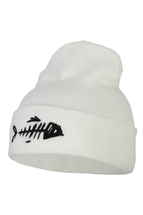 Fish Bone Embroidered Knitted Long Beanie - White OSFM