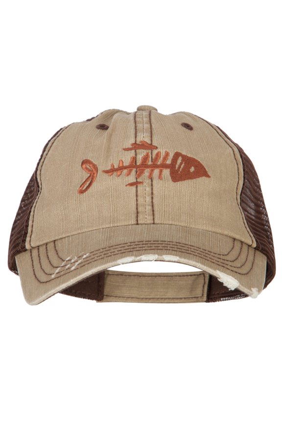 Fish Bone Embroidered Low Profile Cotton Mesh Cap - Khaki Brown OSFM