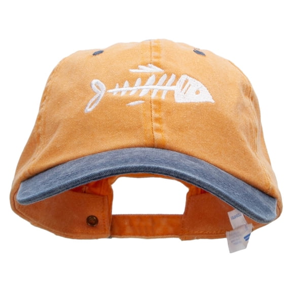 Fish Bone Embroidered Pigment Dyed Wash Caps - Mustard Navy OSFM
