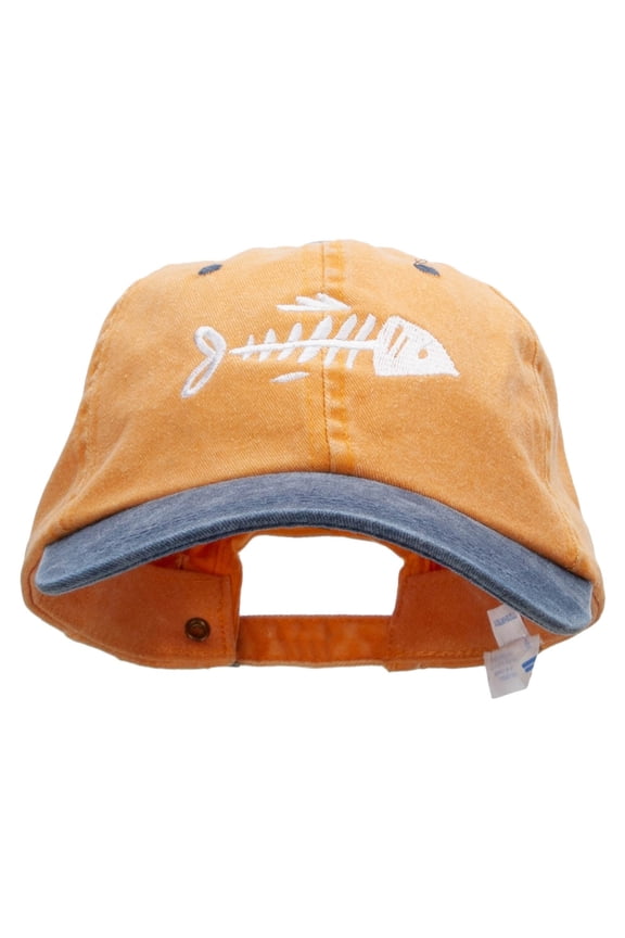 Fish Bone Embroidered Pigment Dyed Wash Caps - Mustard Navy OSFM