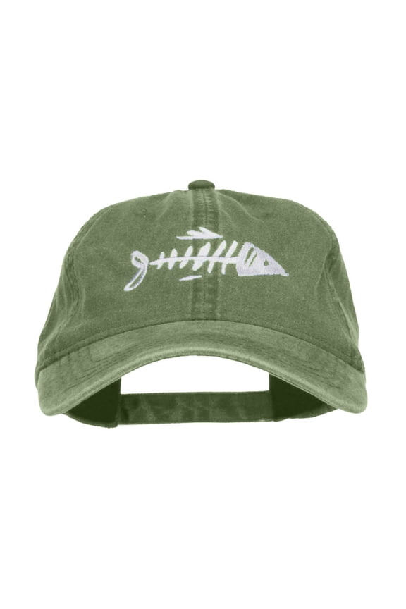 Fish Bone Embroidered Washed Cap - Olive OSFM