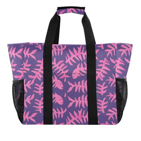 Fish Bone Reusable Grocery Bags with Handle Side Pocket Waterproof Shopping Portable Tote