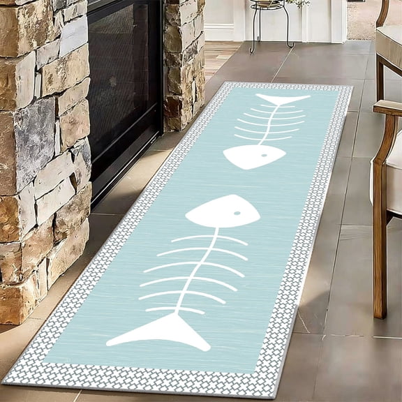 Fish Bone Runner Rug 2x6ft, Washable Light Blue Coastal Non-Slip Kitchen Mat, Modern Minimalist Nautical Animal Carpet for Hallway, Bathroom