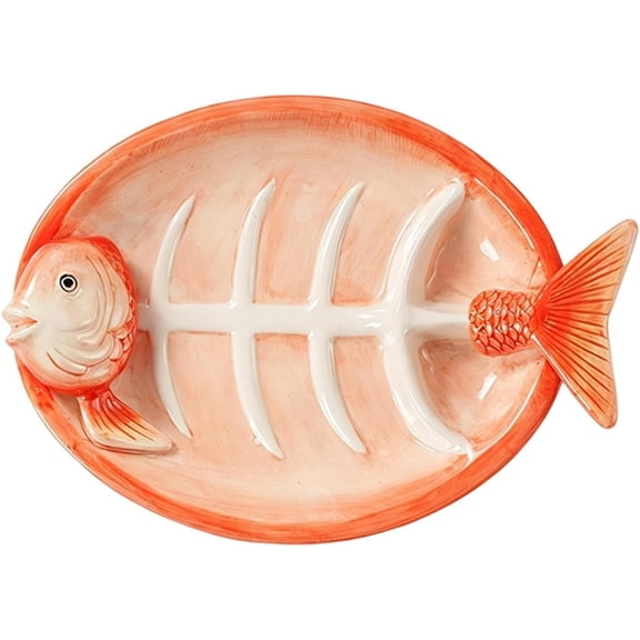 Fish Bone Shaped Ceramic Serving Plate Divided Compartment Dumpling Platter With Sauce Dipping Zone Cute Tray For Home Kitchen(Orange-29.5Cm)