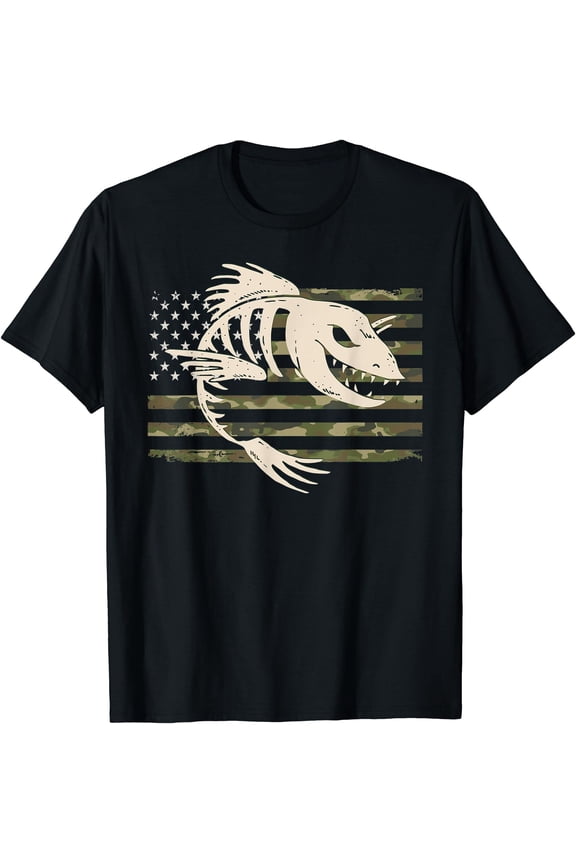 Fish Bones Skeleton Camo Us American Flag Camouflage Fishing T-Shirt