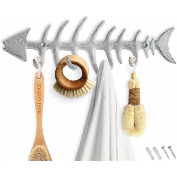 Fish Bones Wall Mounted Towel Rack – Cast Iron Hanger with 4 Hooks – Antique White – Includes Screws and Anchors