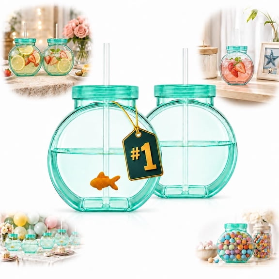 Fish Bowl Tumbler With Straw, Plastic Fish Bowl Cups With Lids And Straw Drinking Purse Bottles Glasses Fishing Decorations Tumblers Wimming Fun Gulp All Summer Big Capacity