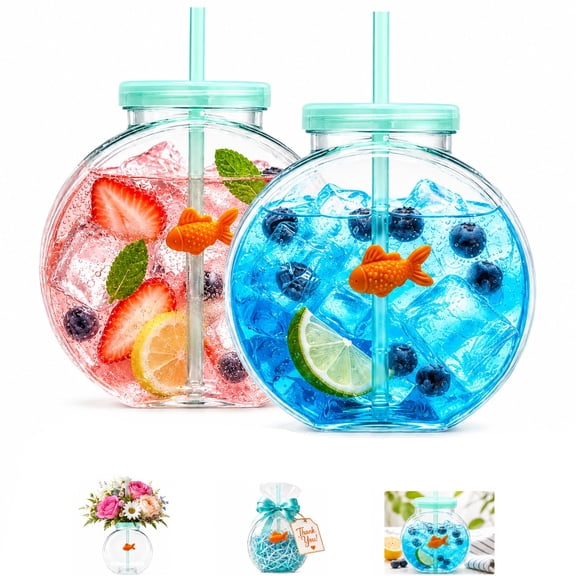 Fish Bowl Tumbler with Straw, Reusable Plastic Fish Bowl Cup with Lid, Translucent Green Shatterproof Drink Bottle