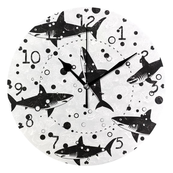 Fish Bubbles Monochrom Round Wall Clock Silent Analog Battery Operated Black Pointer Home Decor 9.84" Diameter